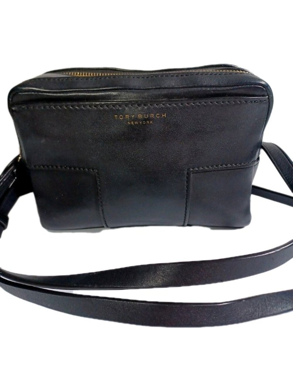 Tory Burch Block T Double Zip Black Pebbled Leather Crossbody Bag Handbag - Picture 2 of 9